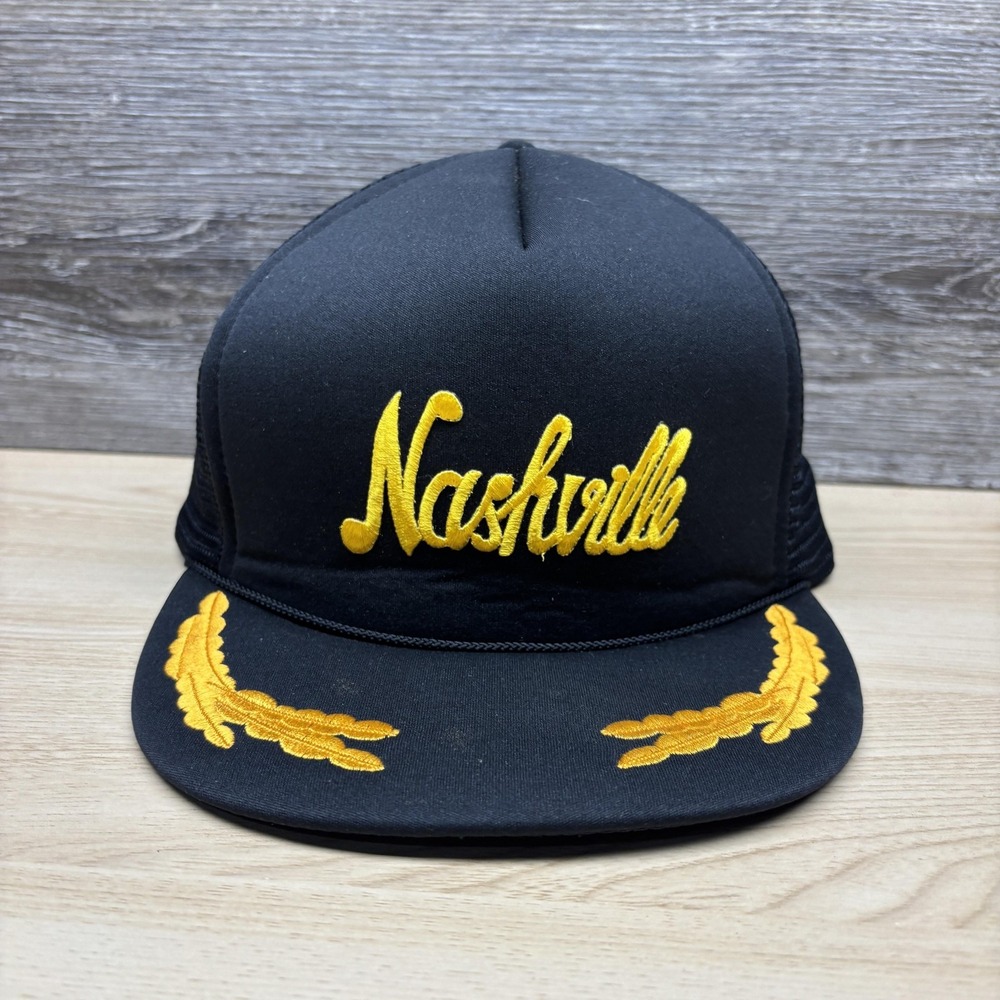 Vintage Nashville Hat Cap Snap Back One Size Black Gold Trucker Embroidered Rope